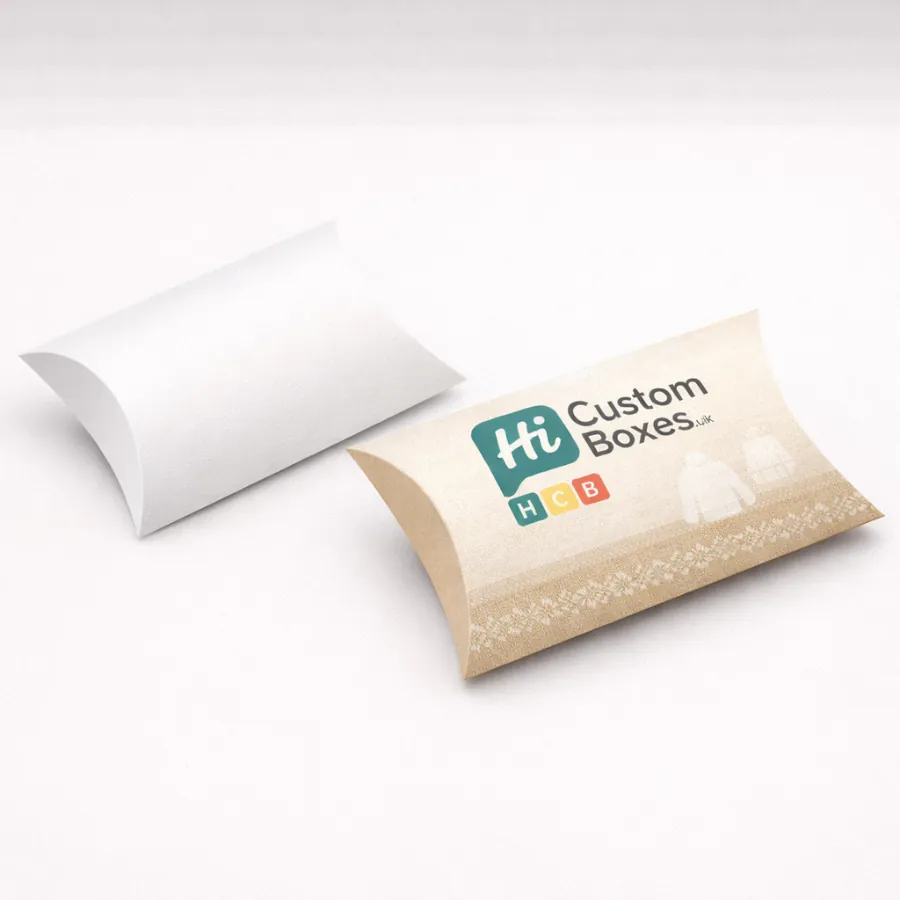 Two pillow-shaped gift boxes- one plain white and one branded kraft paper for lightweight knitwear- class=